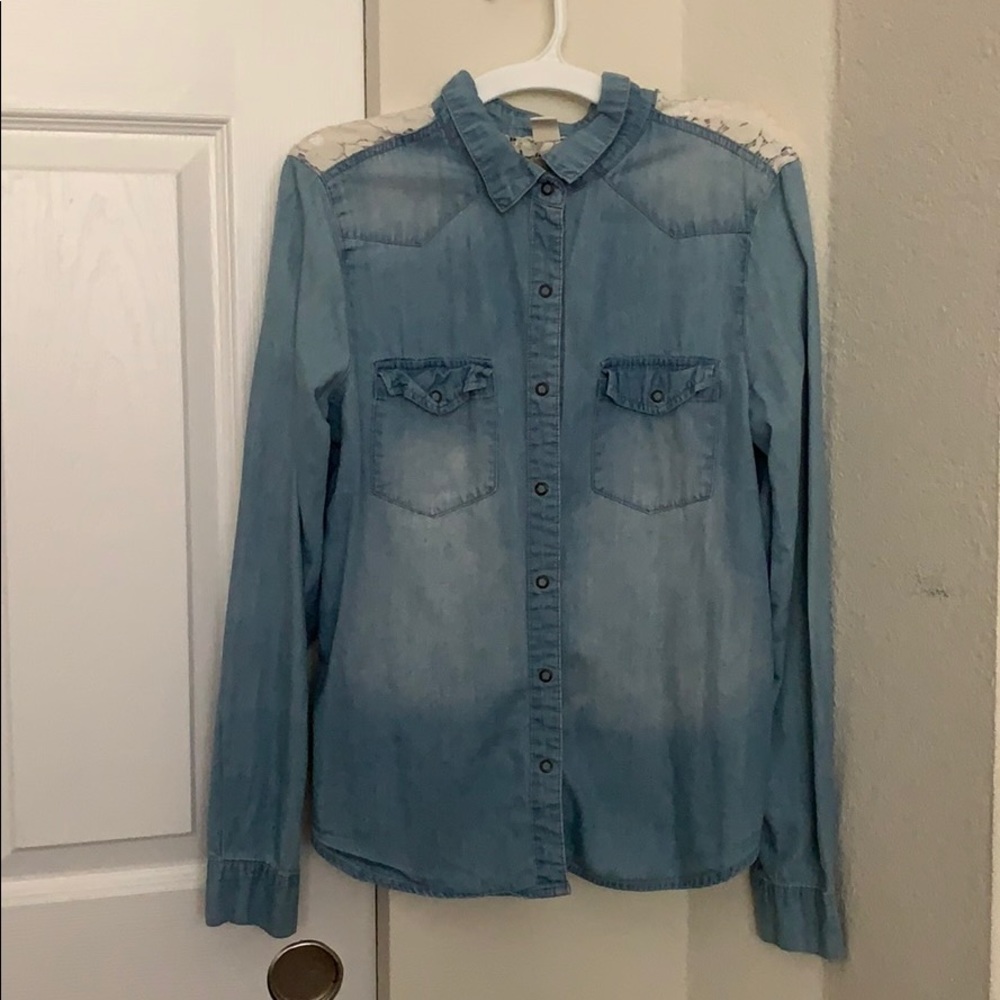 Faux denim button up with floral lace back